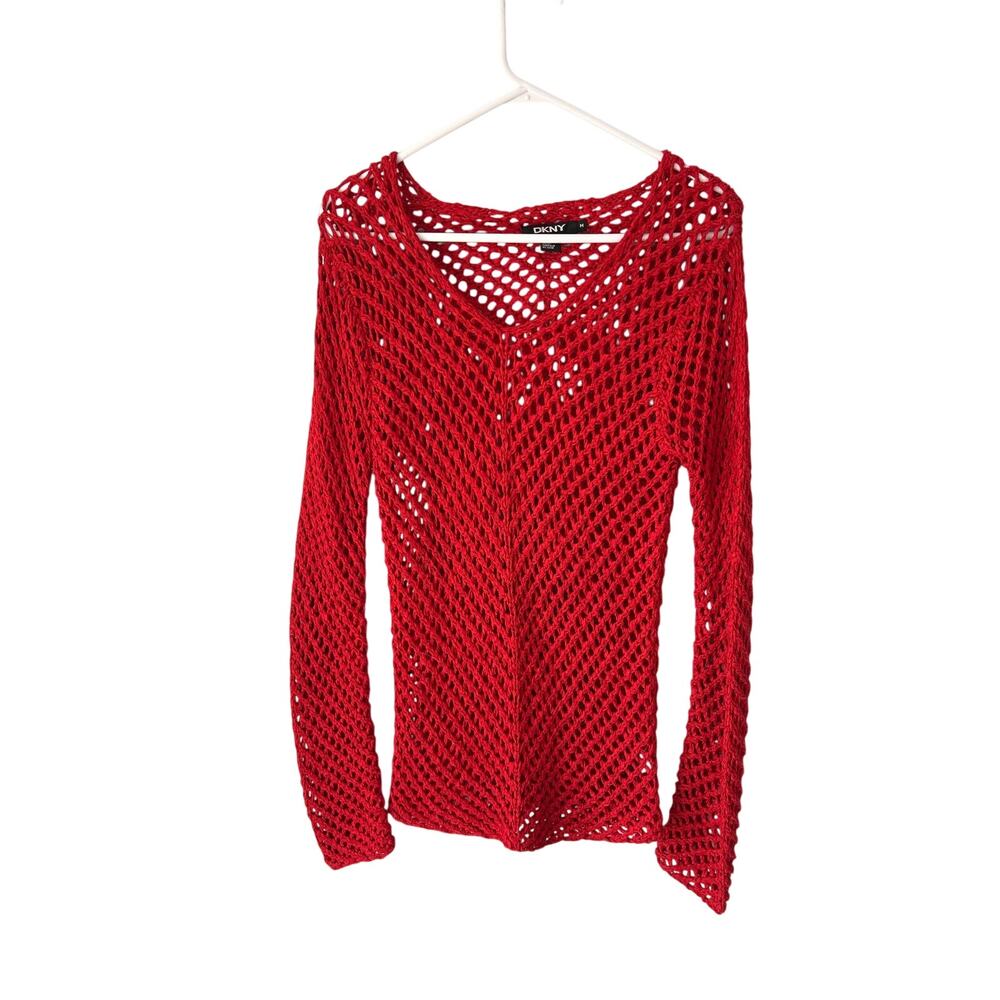 DKNY Red Long Sleeve Knit Sweater Coverup Medium